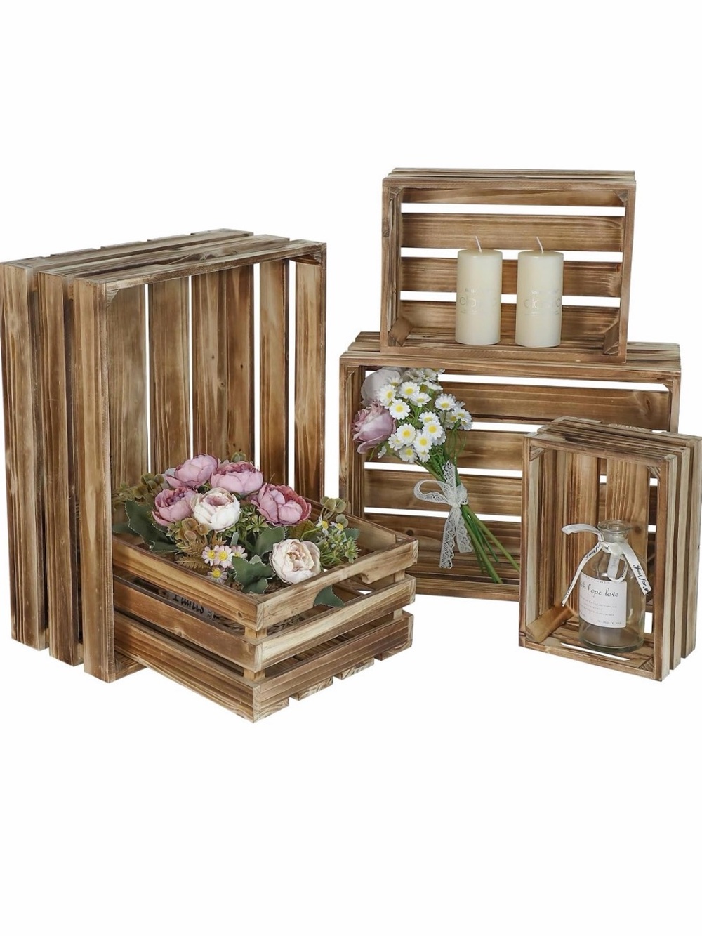 Wooden Slatted Crate Set - Natural Brown Rustic Display